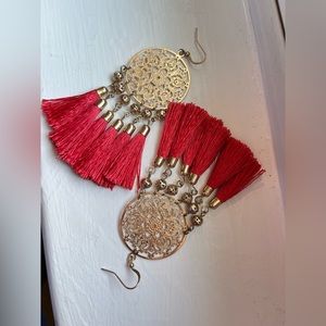 Red and gold boho fringe earrings